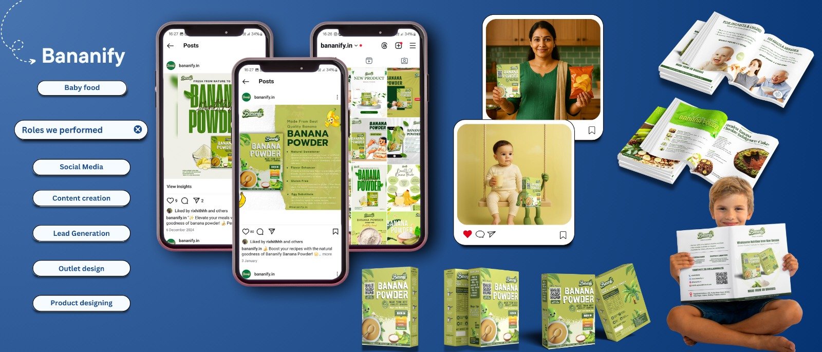 Visual showcase of Bananify’s baby food branding including product packaging, social media marketing, outlet design, and promotional content.