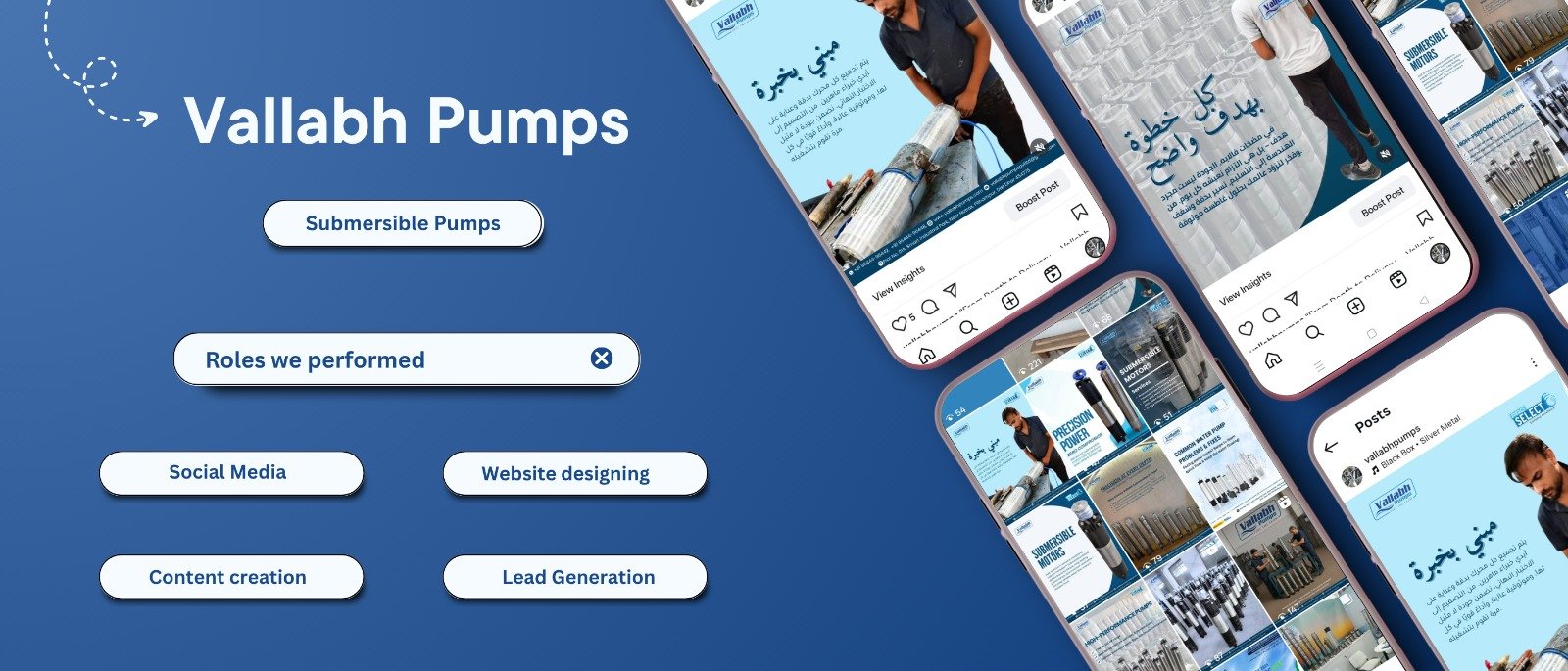 Branding visuals for Vallabh Pumps featuring social media content, website design, and lead generation strategy for industrial submersible pumps.