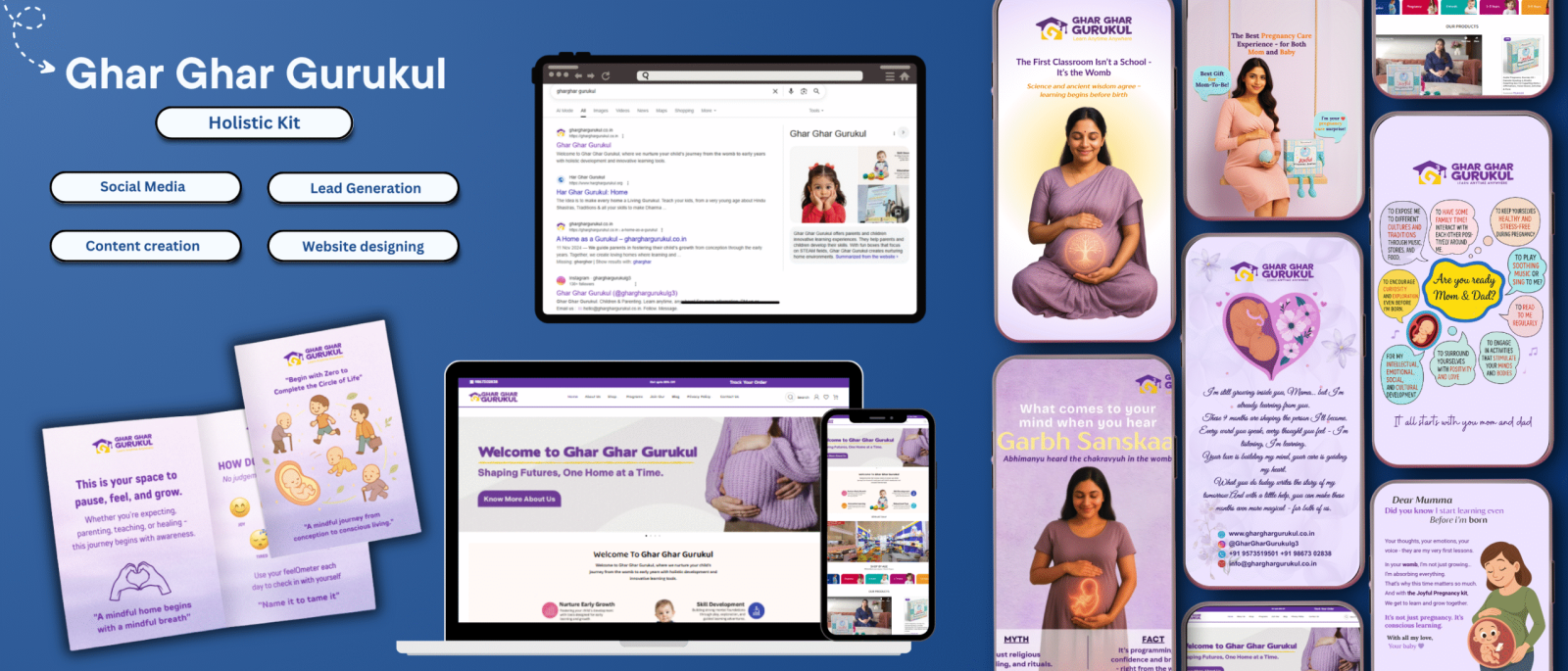 Branding showcase for Ghar Ghar Gurukul featuring website design, prenatal education content, social media visuals, and lead generation strategy.