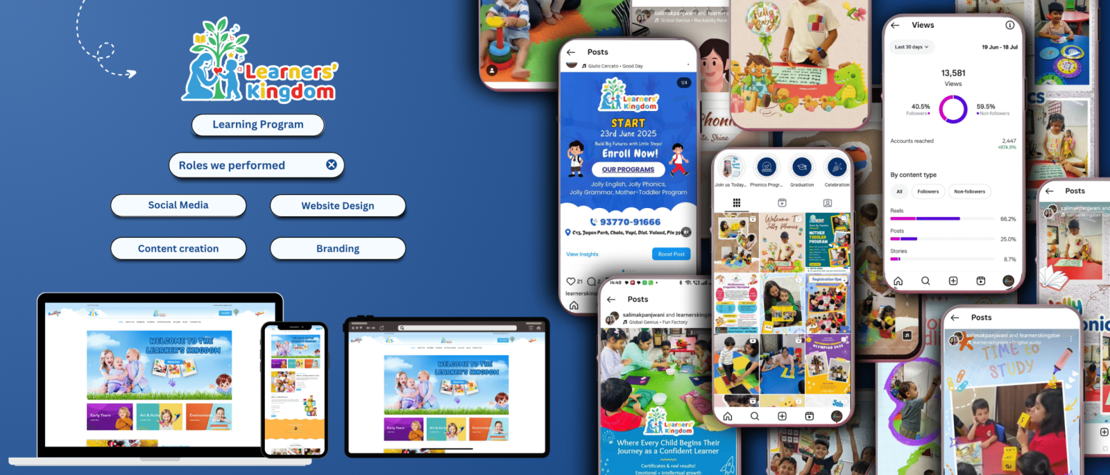 Digital branding showcase for Learners’ Kingdom, featuring website design, social media posts, and marketing content.